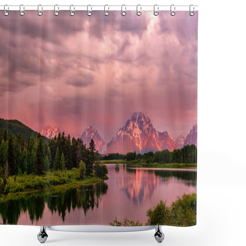 Personality  Grand Teton Mountains From Schwabacher's Landing On The Snake River At Morning. Grand Teton National Park, Wyoming, USA. Shower Curtains