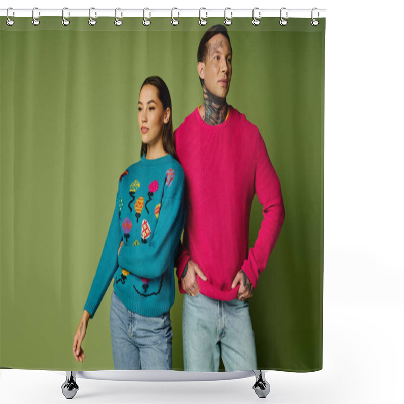 Personality  A Stylish Young Couple Showcases Unique Sweaters While Standing Confidently In A Lively Setting. Shower Curtains