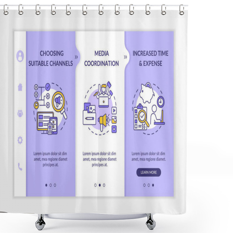 Personality  Multichannel Marketing Onboarding Vector Template. Suitable Channels Selection, Media Coordination. Responsive Mobile Website With Icons. Webpage Walkthrough Step Screens. RGB Color Concep Shower Curtains