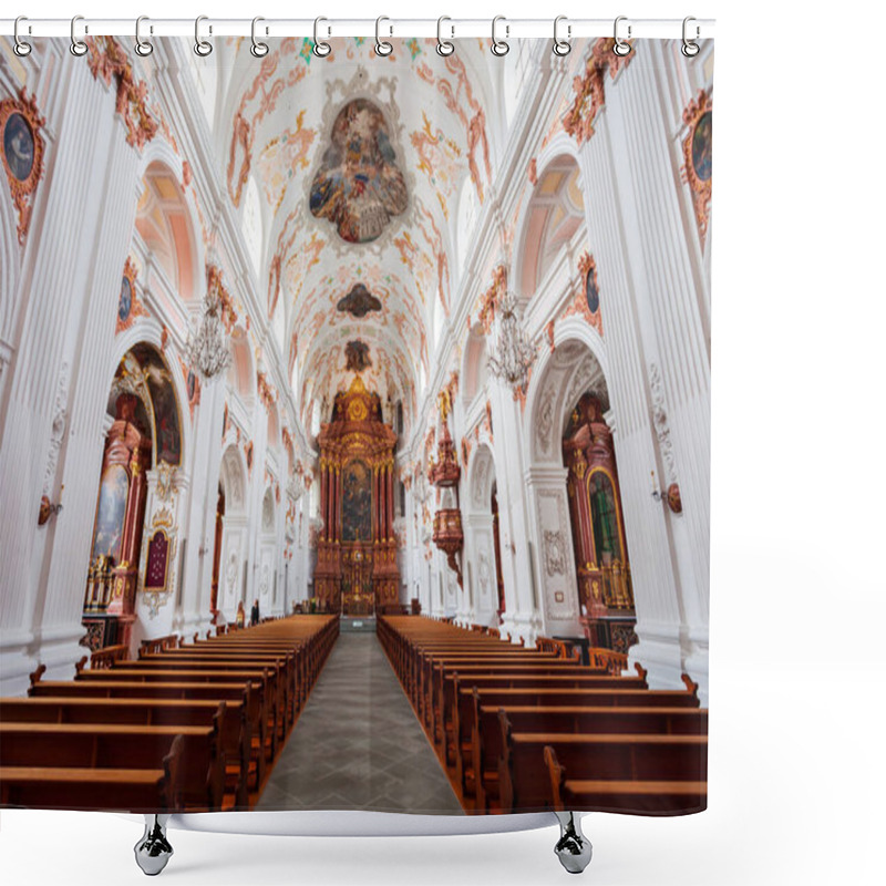 Personality  LUZERN, SWITZERLAND - JULY 11, 2019: Lucerne Jesuit Church Or Jesuitenkirche St. Franz Xaver Is A Catholic Church Located In Lucerne City, Switzerland Shower Curtains