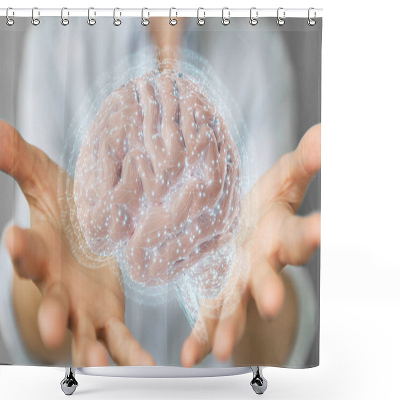 Personality  Businesswoman On Blurred Background Using Digital 3D Projection Of A Human Brain 3D Rendering Shower Curtains