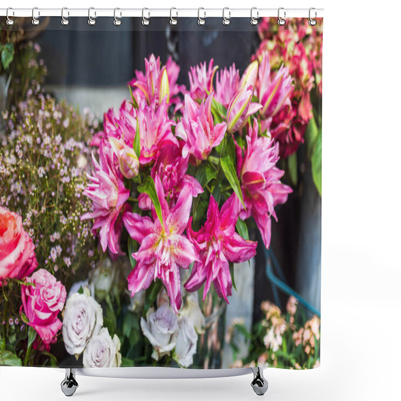 Personality  Burgundy Lilies, Pink And Lilac Roses, And Red Hydrangeas In Bouquets For Sale. Shower Curtains