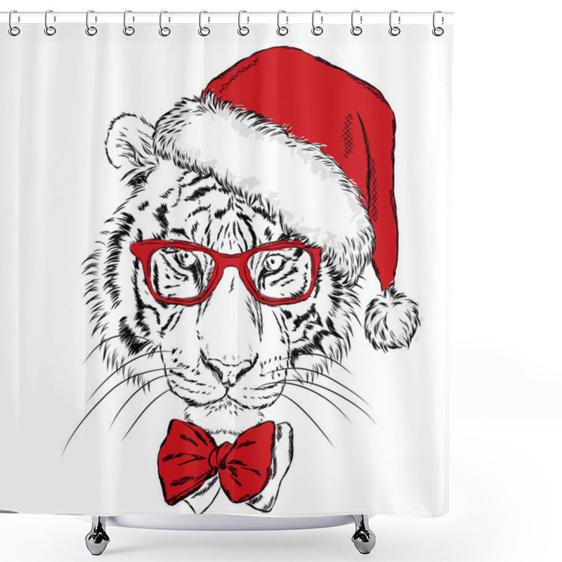 Personality  Tiger In Christmas Hat And Sunglasses. Print On A Postcard Or Poster. Vector Illustration. Holiday Card. New Year's And Christmas. Santa Claus. Shower Curtains