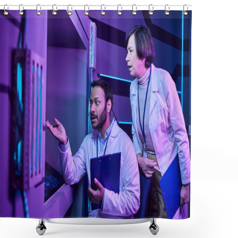 Personality  Hindu Male And Adult Female Scientists Engage With Computer In Neon-Lit Science Center Shower Curtains