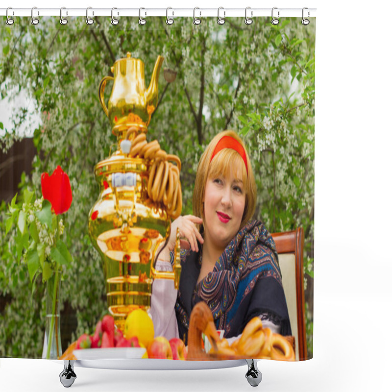 Personality  Beautiful Russian Girl With A Curvaceous, Rosy And Happy Sitting Shower Curtains