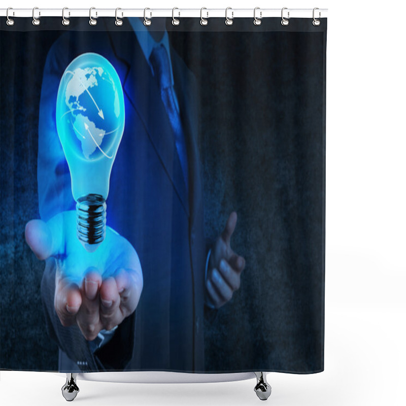 Personality  Businessman Hand Shows Light Bulb With Planet Earth Social Netwo Shower Curtains