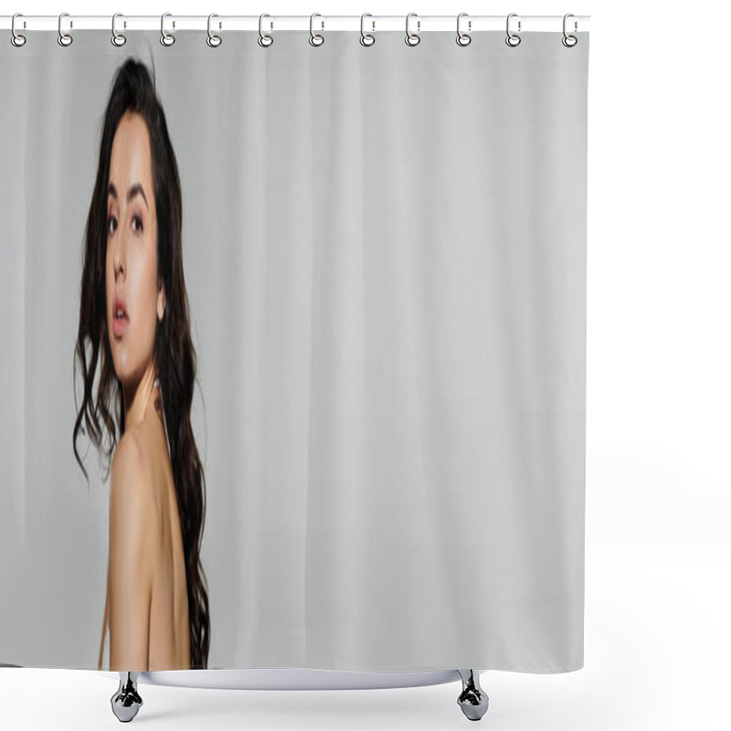 Personality  Young Brunette Woman With Long Hair In Swimsuit Posing Actively. Shower Curtains