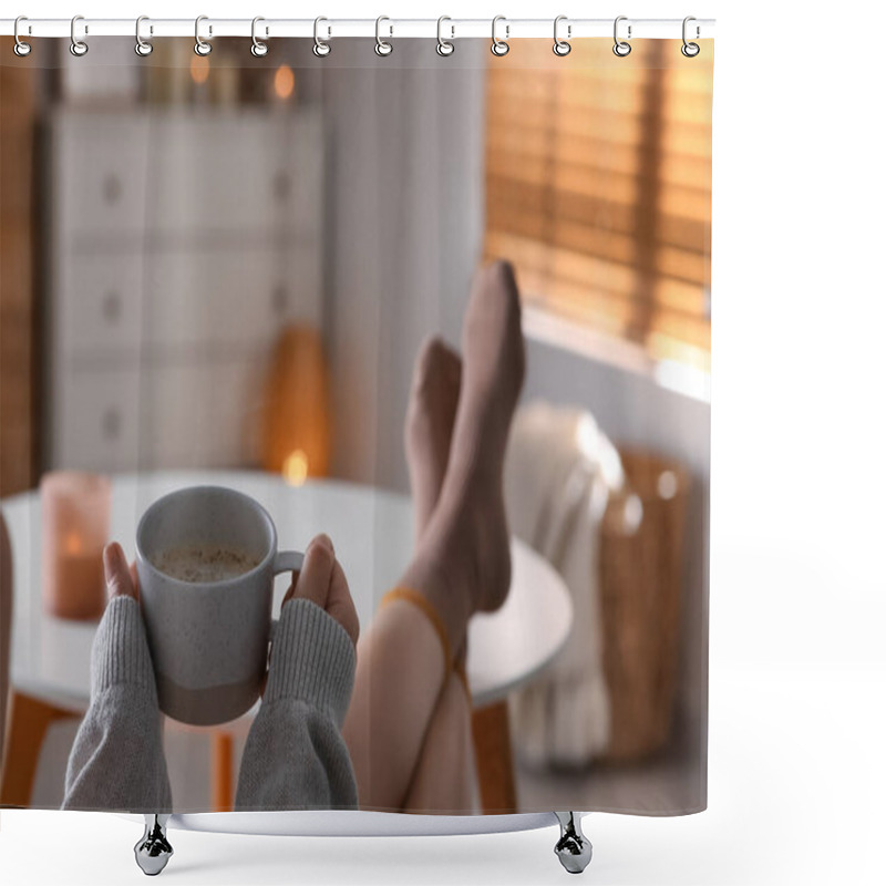 Personality  Woman With Cup Of Aromatic Coffee Relaxing At Home, Closeup Shower Curtains