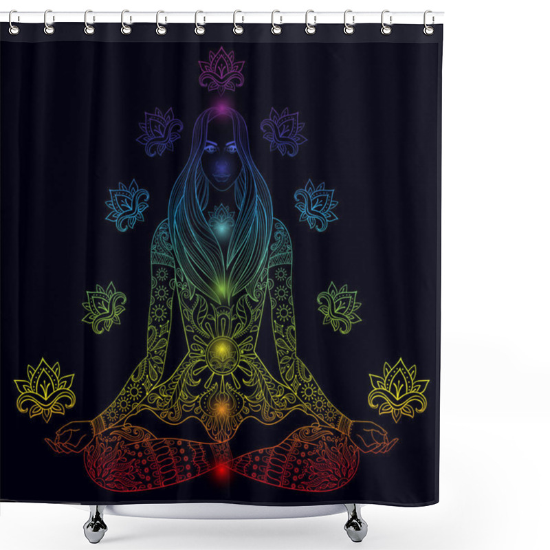 Personality  Girl Sitting In Lotus Pose With Chakras.  Vector Ornate Boho Wom Shower Curtains