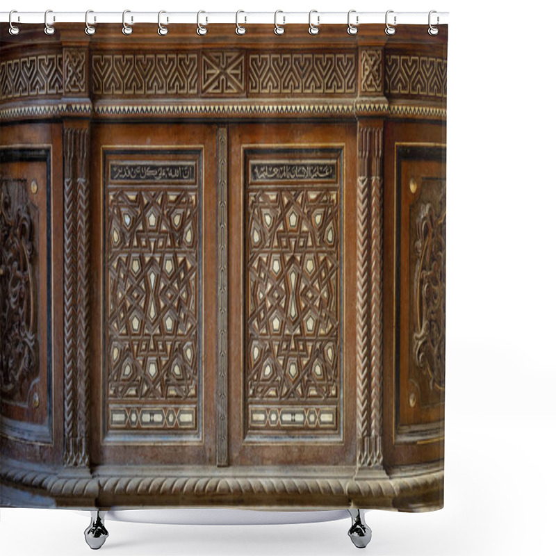 Personality  Two Arabesque Sashes Of An Old Mamluk Era Cupboard With Geometrical Decorations, Zeinab Khatoon Historic House, Cairo, Egypt Shower Curtains