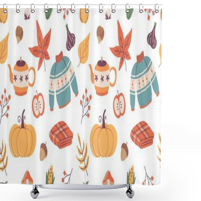 Personality  Autumn Seamless Pattern, Cute Hand Drawn Seasonal Objects. Vector Illustration Flat Style Shower Curtains