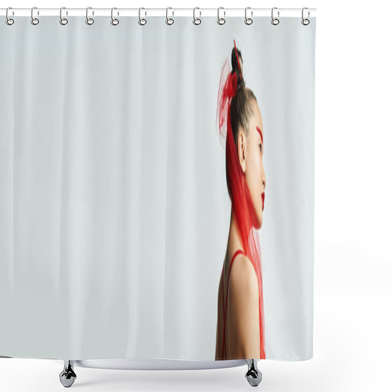 Personality  Asian Woman With Red Hair Twirling In A Vibrant Red Dress. Shower Curtains