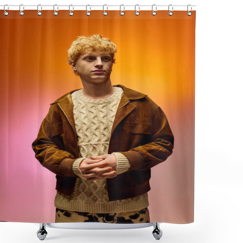 Personality  A Man Dressed In Cozy Winter Attire Stands Poised Against A Vibrant Gradient Background, Exuding Confidence. He Blends Contemporary Style With Festive Spirit, Perfect For The Holiday Season. Shower Curtains