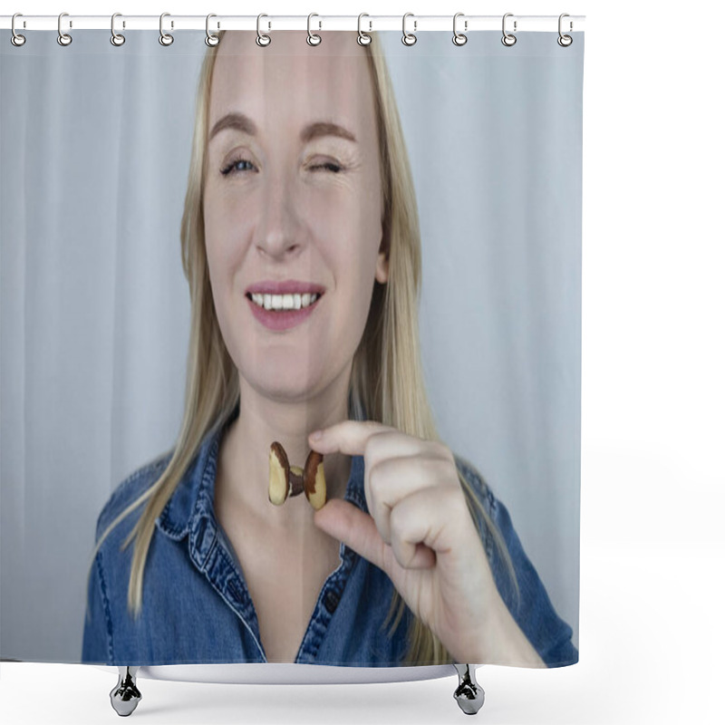 Personality  Prevention Of Thyroid Disease. Woman Holding A Brazil Nut In The Shape Of A Thyroid Gland. Nut Rich In Selenium Shower Curtains