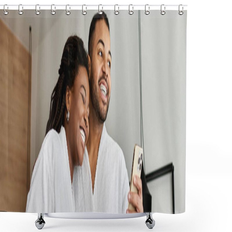 Personality  A Joyful Young Couple Shares Laughter And Love While Relaxing In Their Hotel Room During Vacation. Shower Curtains