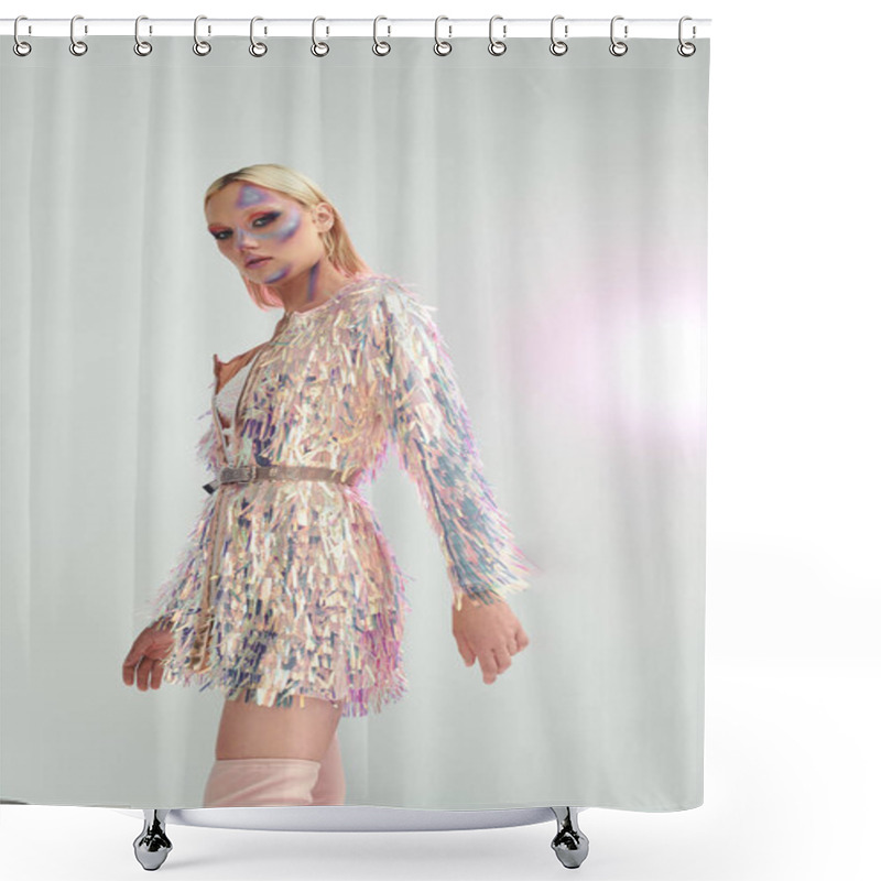 Personality  A Stylish Young Woman Exudes Charm In A Holographic Ensemble With Shimmering Details. Shower Curtains