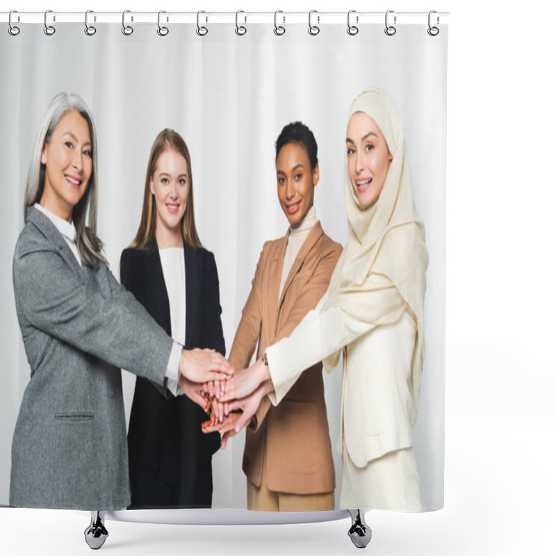 Personality  Multicultural Businesswomen Putting Hands Together Isolated On White  Shower Curtains