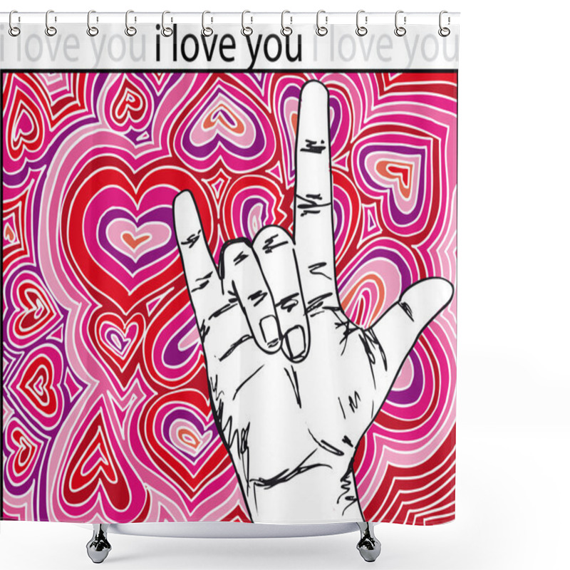 Personality  Sign Language For I LOVE YOU With Abstract Hearts Background. Shower Curtains