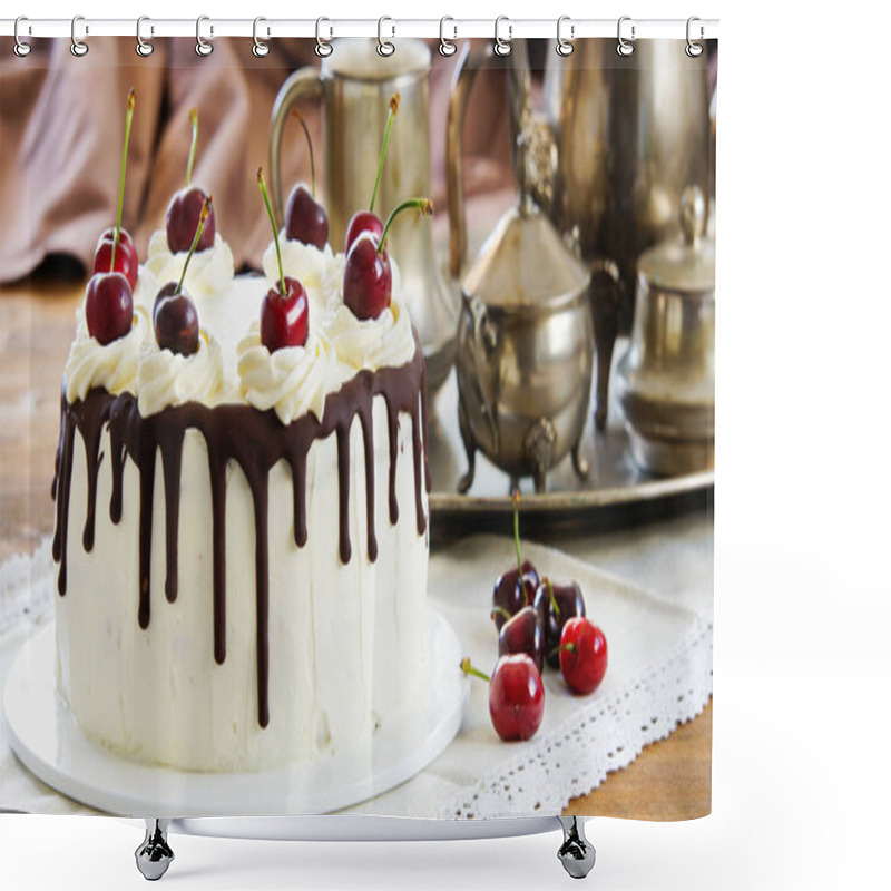 Personality  Black Forest Cake, Schwarzwalder Kirschtorte, Schwarzwald Pie, Dark Chocolate And Cherry Dessert On Wooden Background Shower Curtains