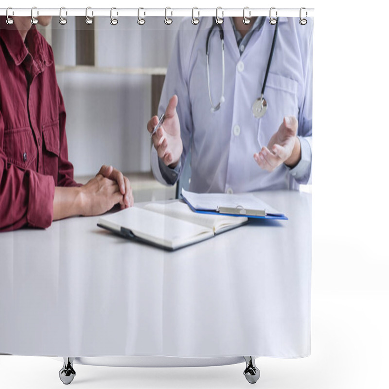 Personality  Medicine And Health Care Concept, Professor Doctor Presenting Report And Recommend A Method With Patient Treatment, After Results About The Problem Of The Patient. Shower Curtains