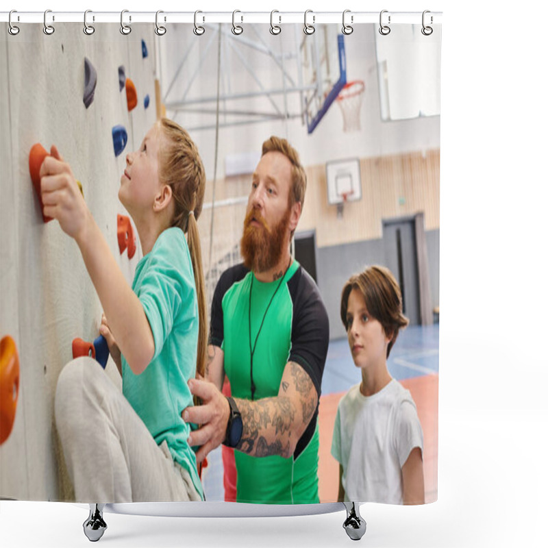 Personality  A Man, Acting As A Teacher, Leads Two Children In Climbing Up A Wall In A Bright And Lively Classroom Setting. Shower Curtains