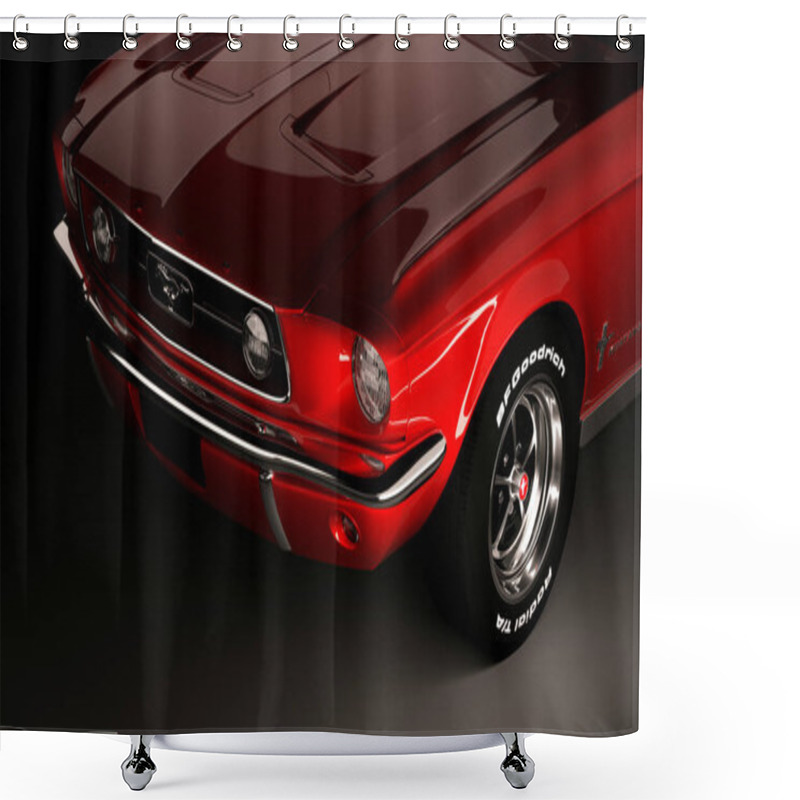 Personality  Almaty, Kazakhstan - March 15, 2020: Ford Mustang 1967 Retro Sports Car Coupe On Black Background. 3d Render Shower Curtains