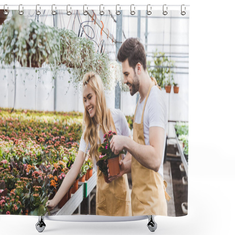 Personality  Couple Of Gardeners Arranging Pots With Flowers In Greenhouse Shower Curtains