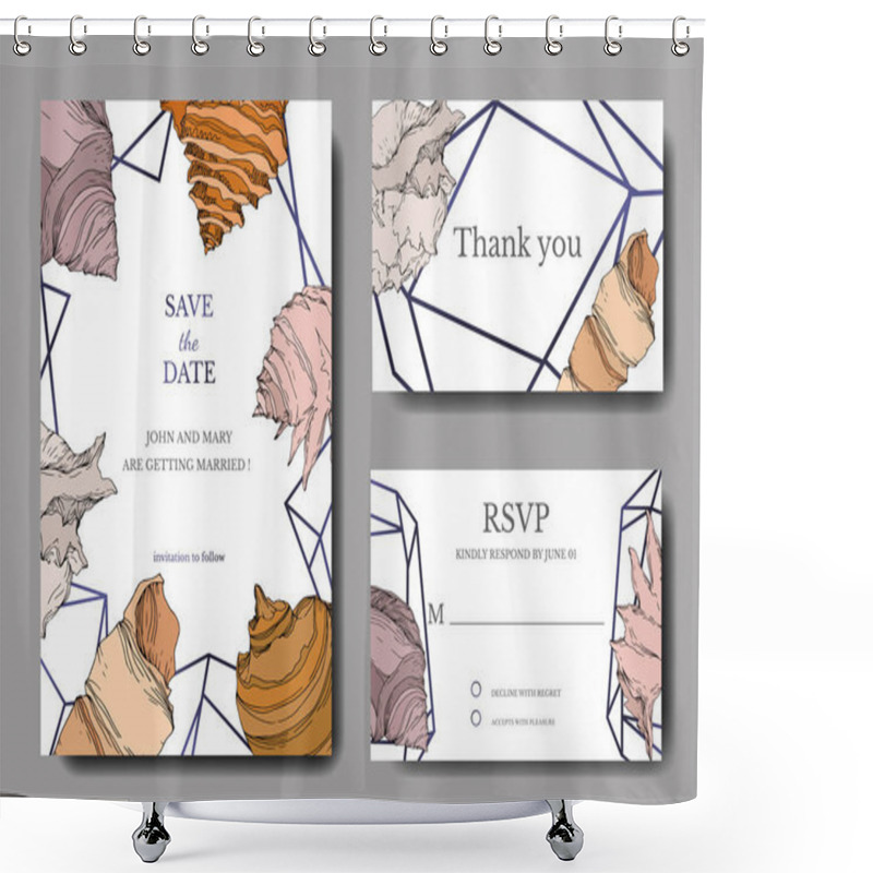 Personality  Summer Beach Seashell Tropical Elements. Engraved Ink Art. Wedding Background Card Decorative Border. Shower Curtains