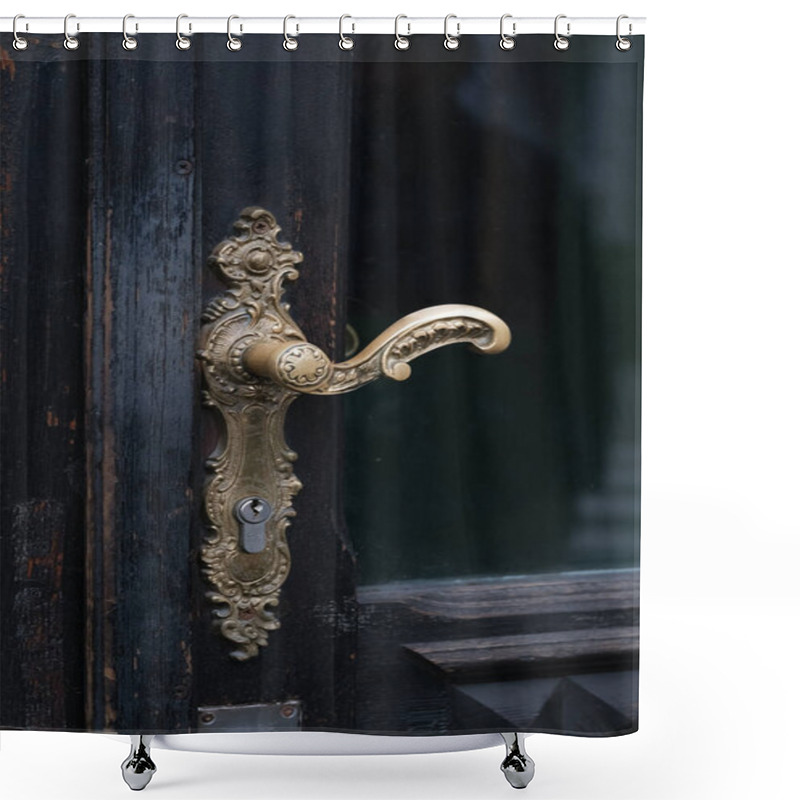 Personality  Close Up Of An Intricately Designed Antique Brass Door Handle On A Dark Wooden Door. The Detailed Craftsmanship And Vintage Aesthetics Make This Image Suitable For Themes Related To Architecture Shower Curtains