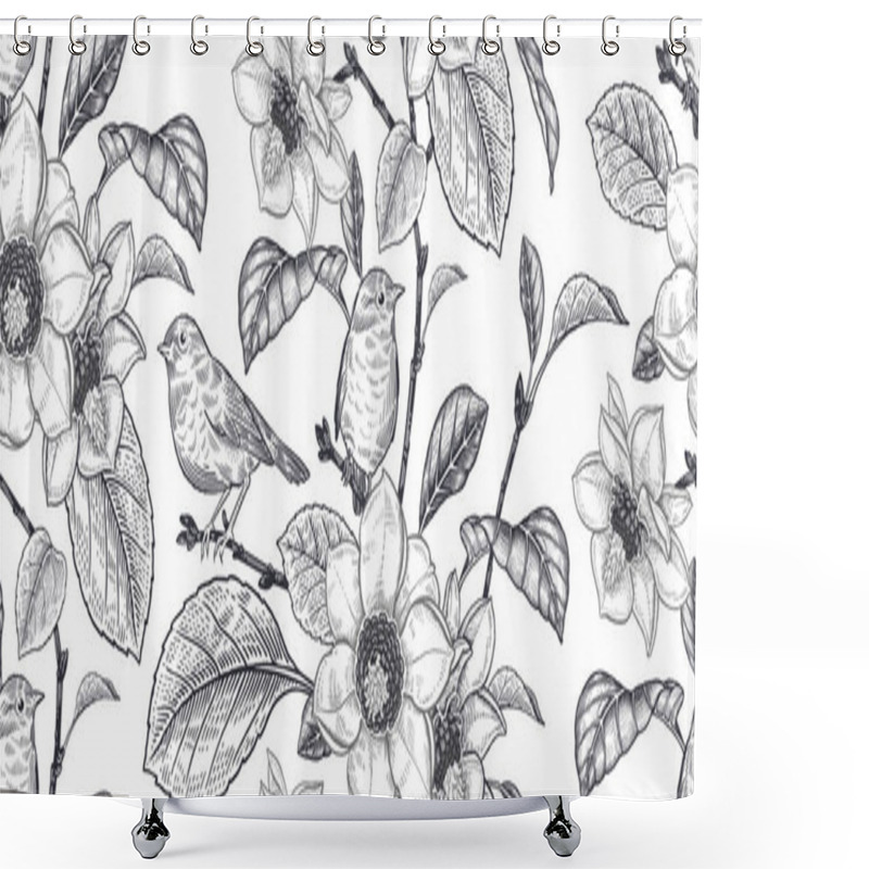 Personality  Blooming Magnolia Tree And Little Cute Birds. Flowers, Leaves And Branches. Black And White Floral Seamless Pattern. Vector Illustration. Vintage. Decorative Background For Paper, Wallpaper, Textile. Shower Curtains