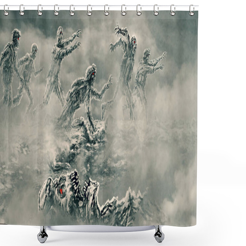 Personality  Attack Zombie Army On Battlefield. Illustration In Genre Of Horror. Scary Background With Fog. Shower Curtains