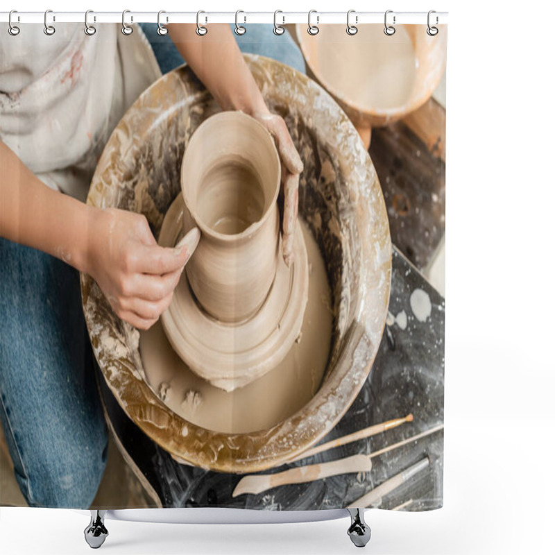 Personality  Top View Of Young Female Potter In Apron Making Shape Of Clay Vase With Wooden Tool On Spinning Pottery Tool In Ceramic Workshop, Clay Shaping And Forming Process Shower Curtains