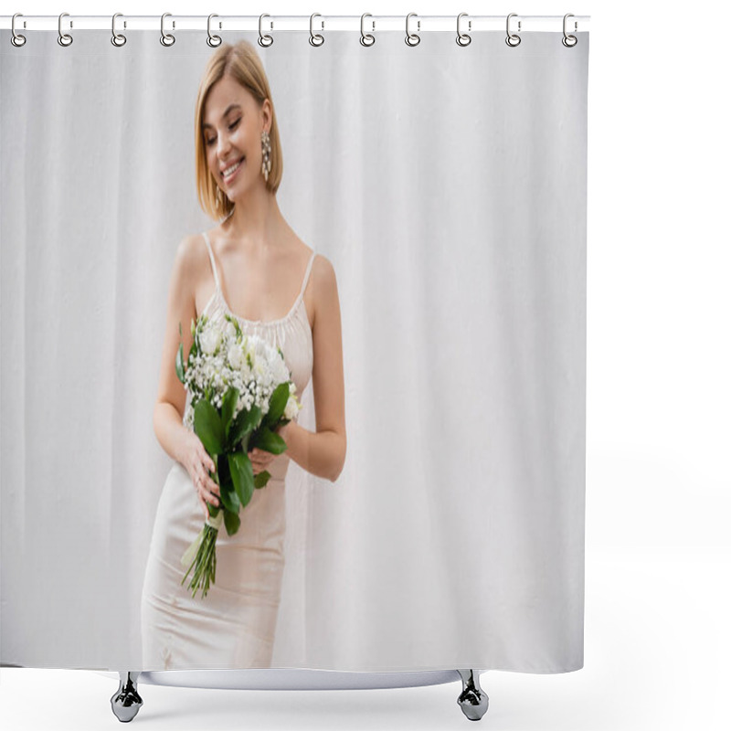 Personality  Joyous And Blonde Bride In Wedding Dress Holding Bouquet On Grey Background, White Flowers, Bridal Accessories, Happiness, Special Occasion,   Beautiful, Feminine, Blissful  Shower Curtains