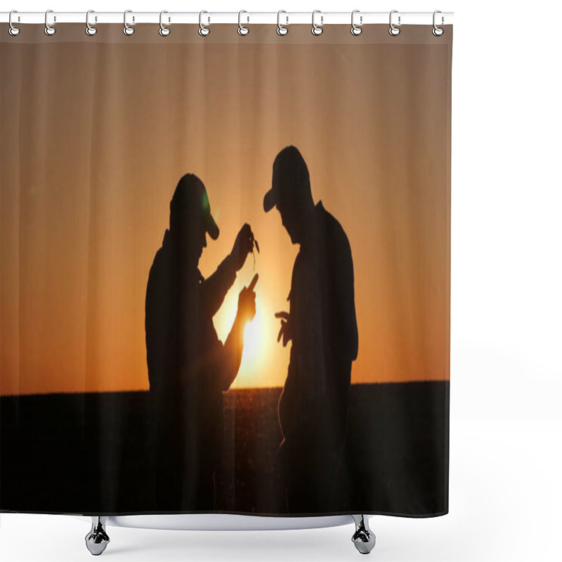 Personality  Two Farmers Study A Sprout In A Field, Standing Against The Backdrop Of A Picturesque Sunset. High Quality Photo Shower Curtains