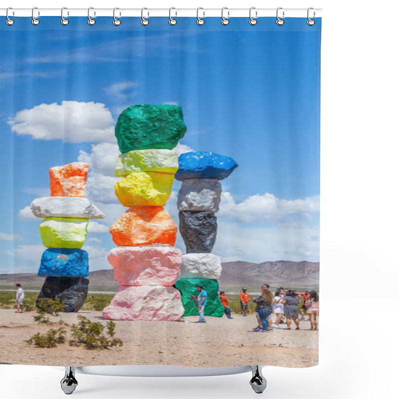 Personality  LAS VEGAS, NEVADA, USA - 12 MAY, 2019: Seven Magic Mountains Art Installation Near Las Vegas City. Pillars Made Of Neon Colored Boulders Stand Against Barren Desert Background And Blue Sky. Shower Curtains