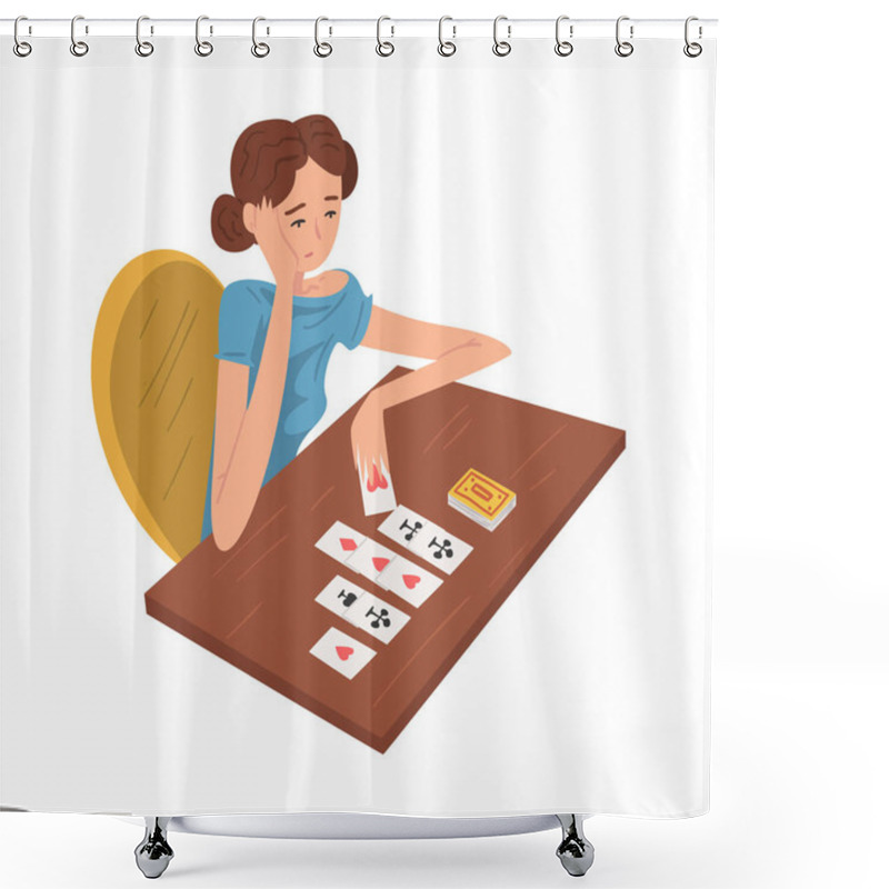 Personality  Young Woman Laying Out Playing Cards, Girl Playing Solitaire Vector Illustration Shower Curtains