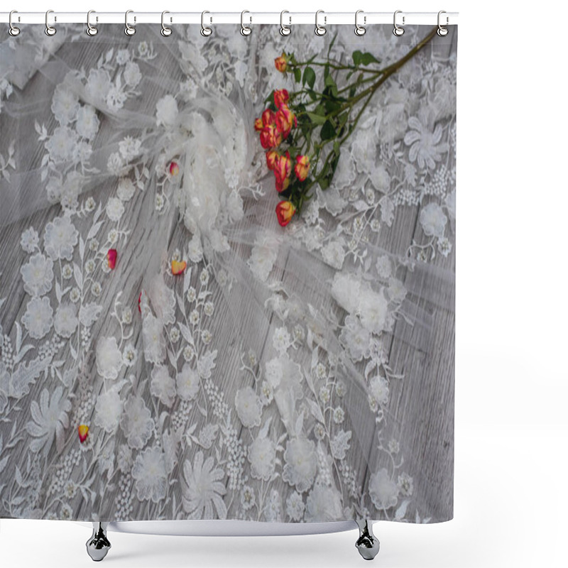 Personality  White Wooden Background With White Spring Flowers Roses And Lace Ribbon. Happy Womans Day. The Texture Of Lace On Wooden Background. Shower Curtains