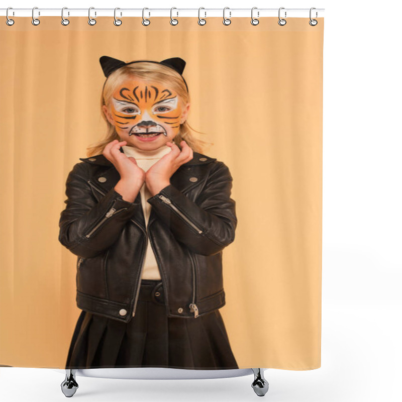 Personality  Smiling Kid In Black Leather Jacket And Tiger Makeup Holding Hands Near Face Isolated On Beige Shower Curtains