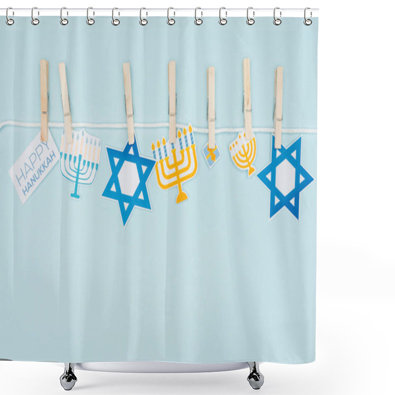 Personality  Top View Of Hannukah Holiday Paper Signs Pegged On Rope Isolated On Blue, Hannukah Concept Shower Curtains