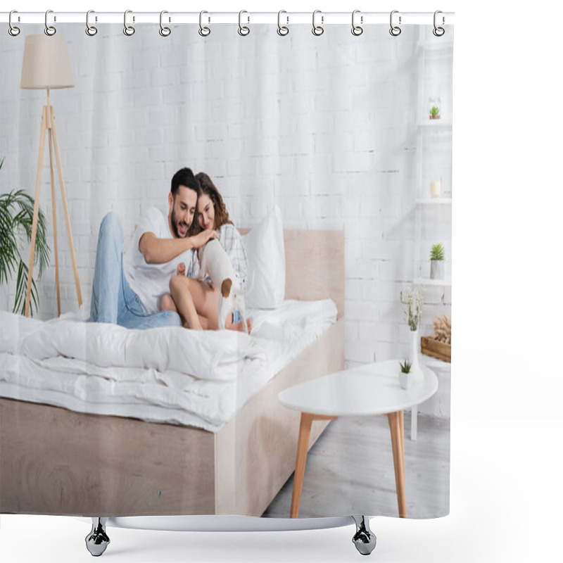 Personality  Pleased Interracial Couple Cuddling Jack Russell Terrier In Bedroom Shower Curtains