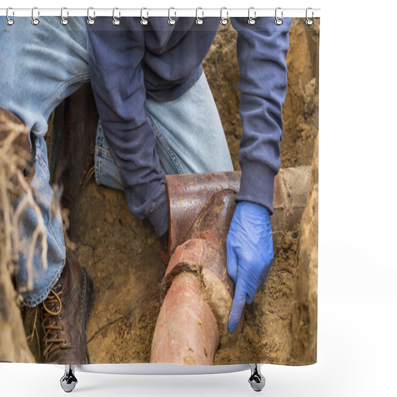 Personality  Plumber Man Digging Out Clogged Sewer Line Closeup Shower Curtains