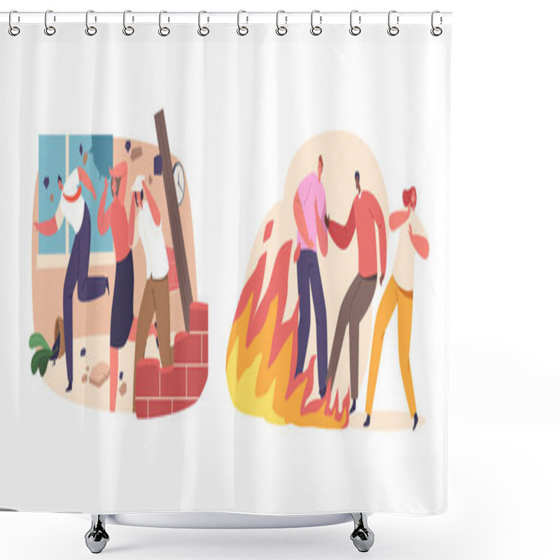 Personality  Terrified People Flee As Earthquake And Fire Wreak Havoc, Leaving Destruction In Their Wake. Frightened Male And Female Characters Seek Safety From Chaos And Disasters. Cartoon Vector Illustration Shower Curtains