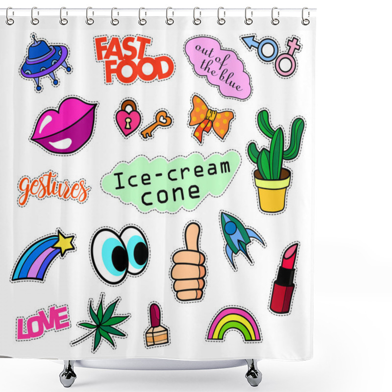 Personality  Fashion Patch Badges. Big Set. Stickers, Pins, Embroidery, Patches And Handwritten Notes Collection In Cartoon 80s-90s Comic Style. Trend. Vector Illustration Isolated. Shower Curtains