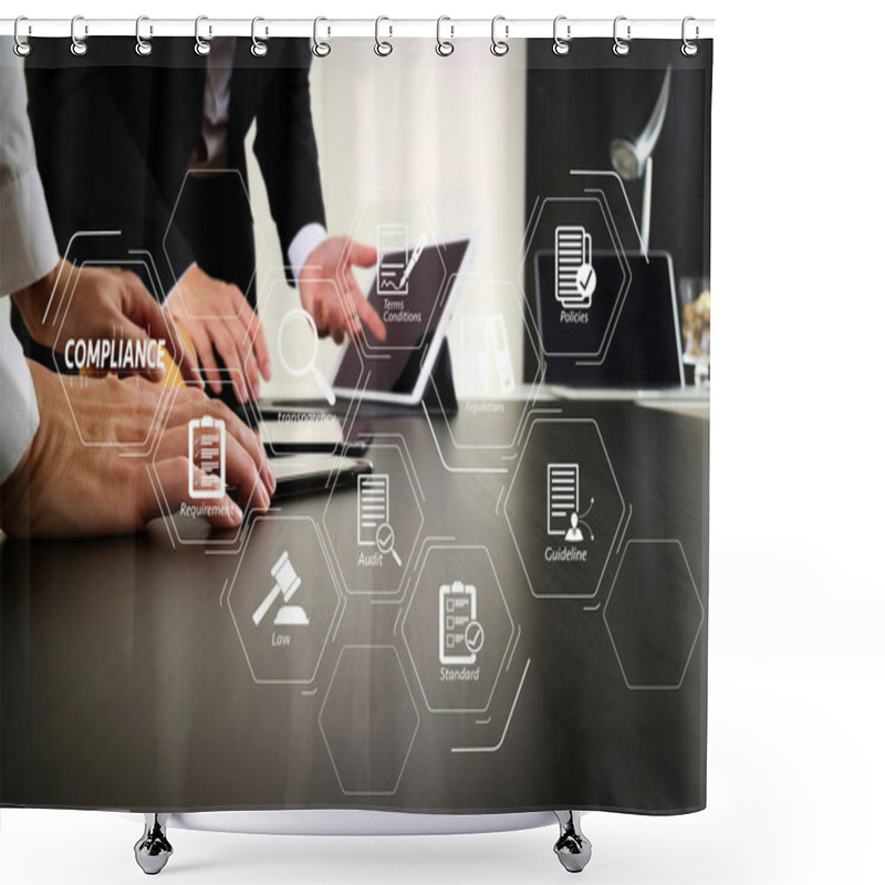 Personality  Compliance Virtual Diagram For Regulations, Law, Standards, Requirements And Audit.co Working Team Meeting Concept,businessman Using Smart Phone And Digital Tablet And Laptop Computer In Modern Office Shower Curtains