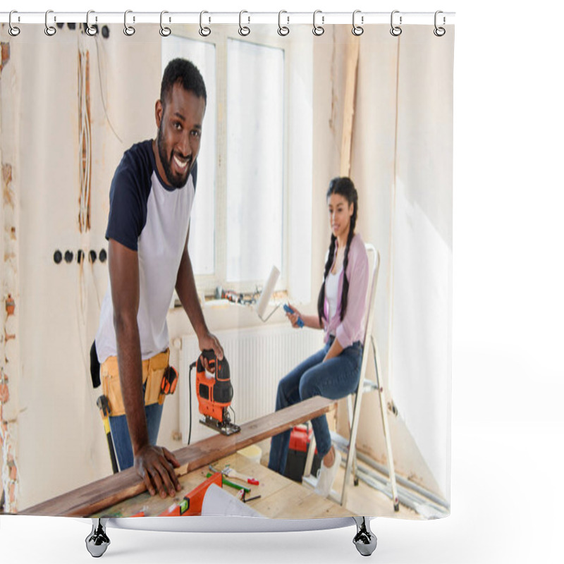 Personality  Handsome African American Man Working With Jigsaw While His Girlfriend Sitting Near During Renovation At Home Shower Curtains