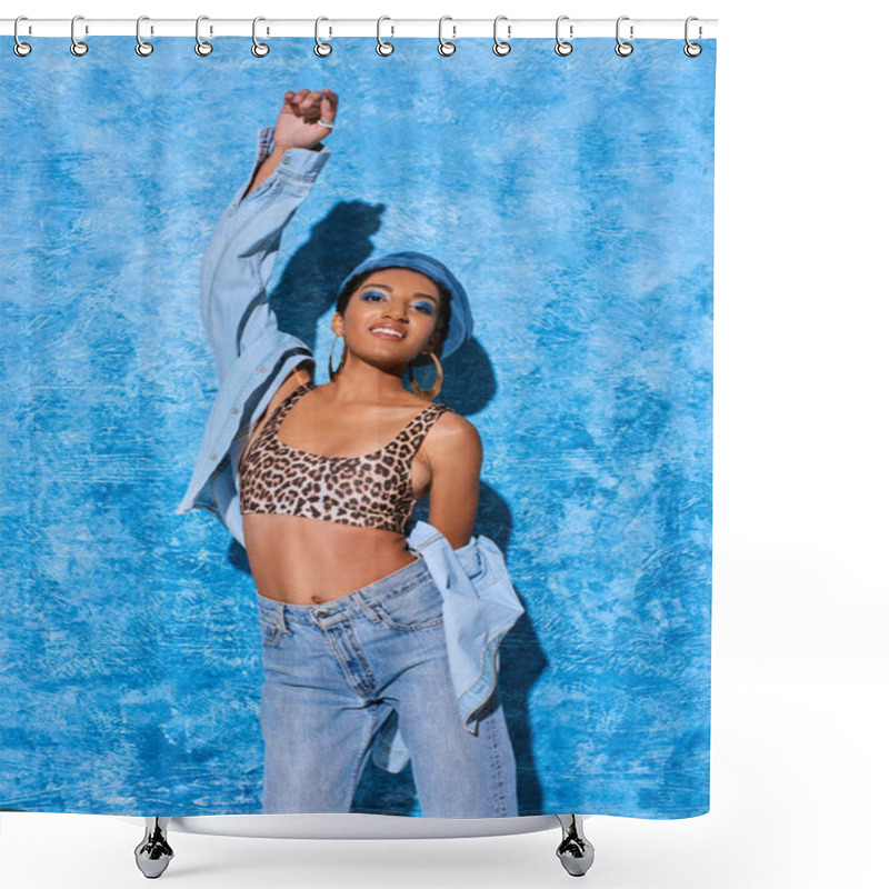 Personality  Smiling And Fashionable African American Woman With Vivid Makeup, Beret And Denim Shirt Looking At Camera And Posing On Blue Textured Background, Stylish Denim Attire Shower Curtains