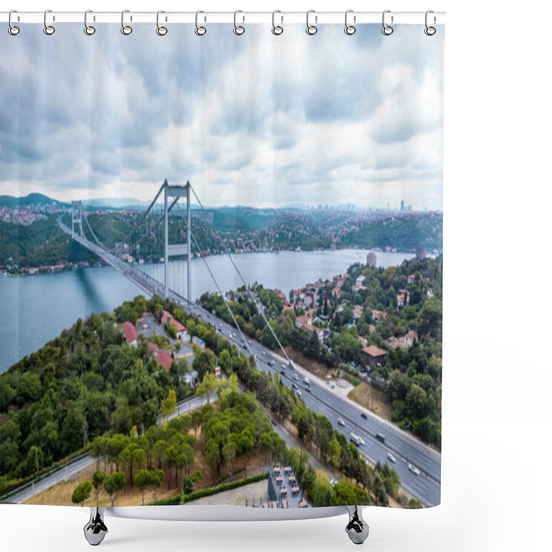 Personality  Aerial View Of Fatih Sultan Mehmet Bridge In Istanbul, Turkey. Beautiful View Of Istanbul Bosphorus. Drone Shot. Shower Curtains