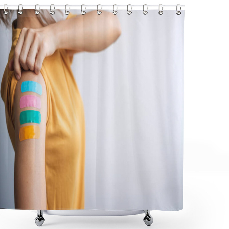 Personality  Woman Showing Plaster After Receiving Covid 19 Vaccine. Vaccination, Herd Immunity, Side Effect, Booster Dose, Vaccine Passport And Coronavirus Pandemic Shower Curtains