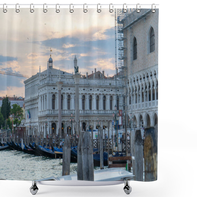 Personality  Scenic View Of Doge's Palace And Biblioteca Nazionale Marciana With Gondolas Docked Along The Grand Canal In Venice, Italy, At Sunset. Shower Curtains