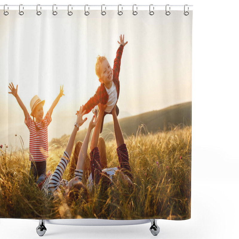 Personality  Happy Family: Mother, Father, Children Son And Daughter On Sunse Shower Curtains